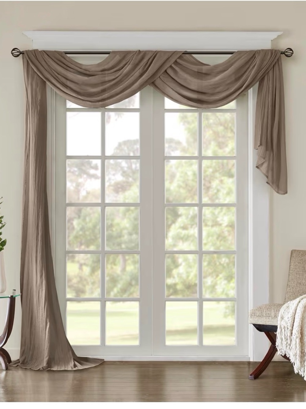 Taupe Sheer Draped Window Scarf